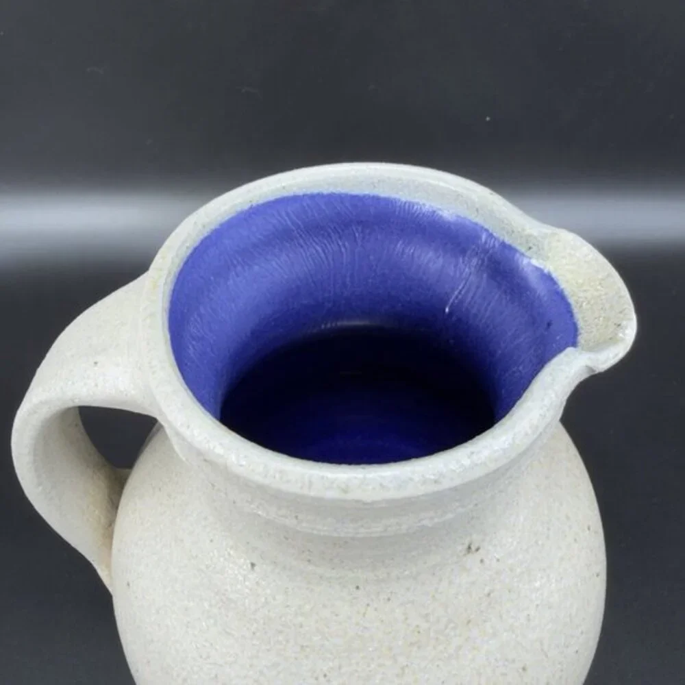 Kings Pottery‎ Seagrove NC Gray W Blue Inside Pitcher Carafe Jug Artist Marked